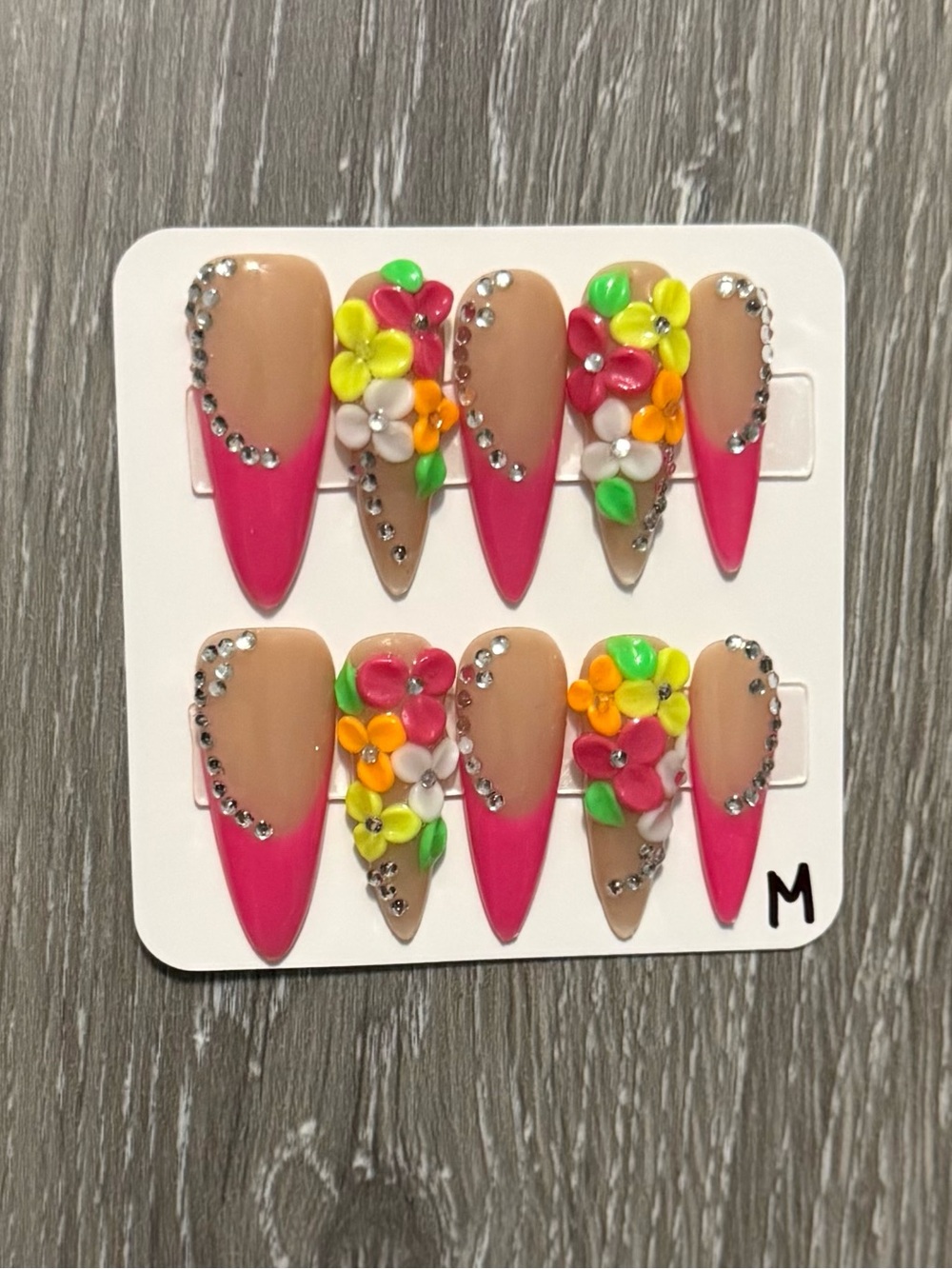 Floral Pink and Nude 3D Stiletto Press-On Nail Set with Rhinestones